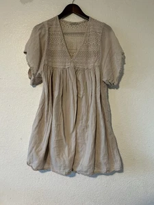 Made in Italy Beige Cotton V Neck Midi Dress Large Peasant Cottage Lagenlook - Picture 1 of 9