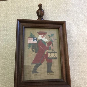 Completed  Prairie Schooler Patriotic Santa Cross Stitch 2002 W/ Standing Frame - Picture 1 of 13