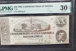 United States 1863 Confederate States of America $20 Twenty Dollars Note PMG 30 - Picture 1 of 8