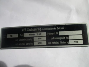 Typenschild ID-Plate Schild IFA VEB Sachsenring trabant P 60 P60 S60 bj - Picture 1 of 1