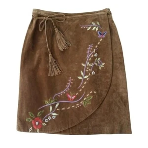 Brandon Thomas Brown Suede Embroidered Wrap Skirt - Picture 1 of 6