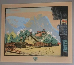 KARL SCHMIDT-WOLFRATSHAUSEN-Color Woodcut Print -German Alps-1930 - Picture 1 of 3