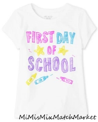 First Day of School Girls Graphic Tee White Size XS 4T Colorful Stars & Crayons - Image 1 of 2