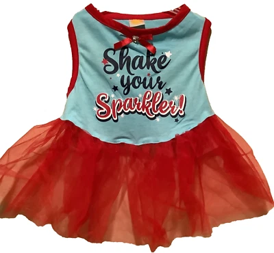 SimplyDog Sun Dress. “Shake Your Sparkler!” Size Medium, Light Blue & Red w/Tule - Image 1 of 4