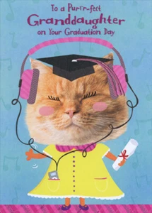 Cat with Grad Cap Pink Headphones and Dress Graduation Card for Granddaughter - Picture 1 of 2