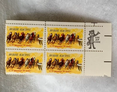 1974 US Stamp Horse Racing Zip Code Block Of 4 10c Scott #1528 READ - Image 1 of 4
