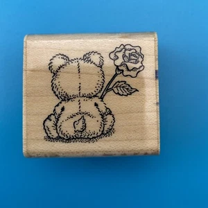 Teddy Bear w/Rose~Wood mounted rubber stamp~Penny Black 416C~1991~Rare - Picture 1 of 7
