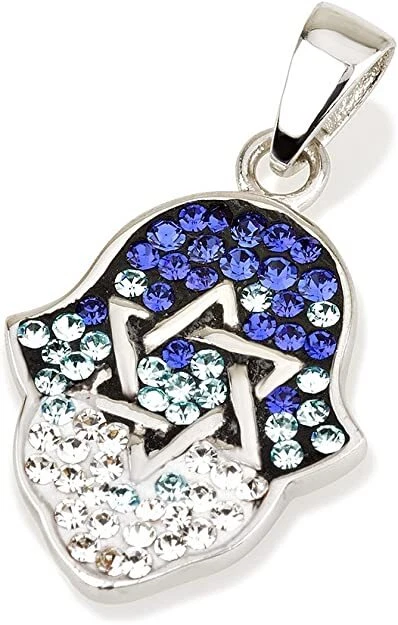 Ciondolo Hamsa in argento sterling con pietre preziose cristalli colori blu +... - Immagine 1 di 1
