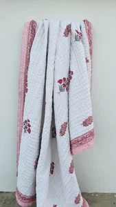 Indian Block Print Quilt Jaipuri Razai Pure Cotton Quilted Bedspread With Pillow - Picture 1 of 5
