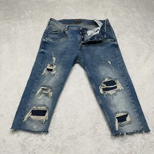 Zara Man Shorts Mens 30 Blue Denim Button Fly Distressed Cut Off Paint Splatter - Picture 1 of 11