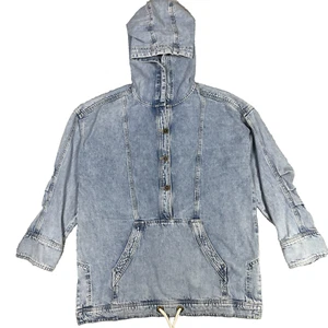Pilcro Popover Top Womens L/XL Blue Denim Hooded Cotton Pleated Drawstring Waist - Picture 1 of 16