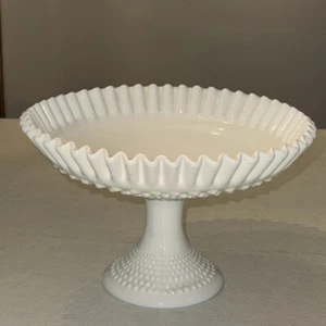 Vtg Fenton Hobnail Cake Plate Milk Glass Ruffled Edge Pedestal Footed 11” X 7” - Picture 1 of 5