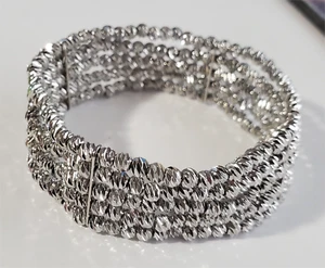 Diamond Cut Metal Ball Beaded 5 Rows Layered Stretch Wide Bangle Bracelet 7.25" - Picture 1 of 8