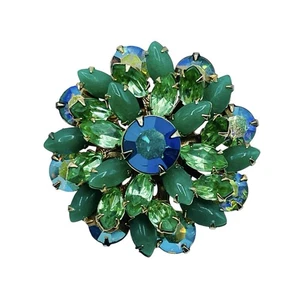 Vintage Pronged Rhinestone Brooch Pin Jade Green Blue Aurora Borealis Gold Tone - Picture 1 of 6
