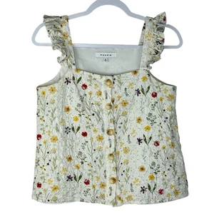 Sleeveless Button Up Top Floral Cotton Eyelet Ivory Cottagecore Size XS - Picture 1 of 6