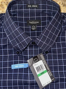 Van Heusen Men’s Navy Blue Plaid Button Down No Iron Long Sleeve Shirt Sz L NWT - Picture 1 of 3