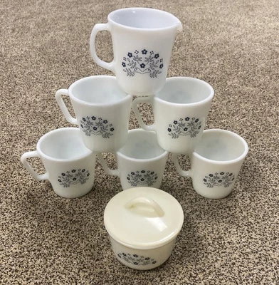 Vintage Pyrex Summer Impressions Blue Flower Tea Set Of 7 Used (Free Shipping) - Image 1 of 4