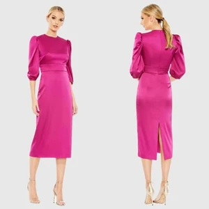 Robe midi cocktail soyeuse neuve avec étiquette Mac Duggal taille 10 rose col haut satin manches 3/4 - Photo 1 sur 10