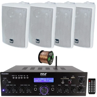 Receptor doméstico compacto Pyle FM, 4x altavoces blancos de 3 vías para interiores/exteriores de 4", cable Foto 1 de 4