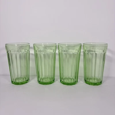 Juego De 4 Vasos De Vidrio De Colección Hazel Atlas Pilar Óptico Bloque Depresión De Uranio Foto 1 de 4