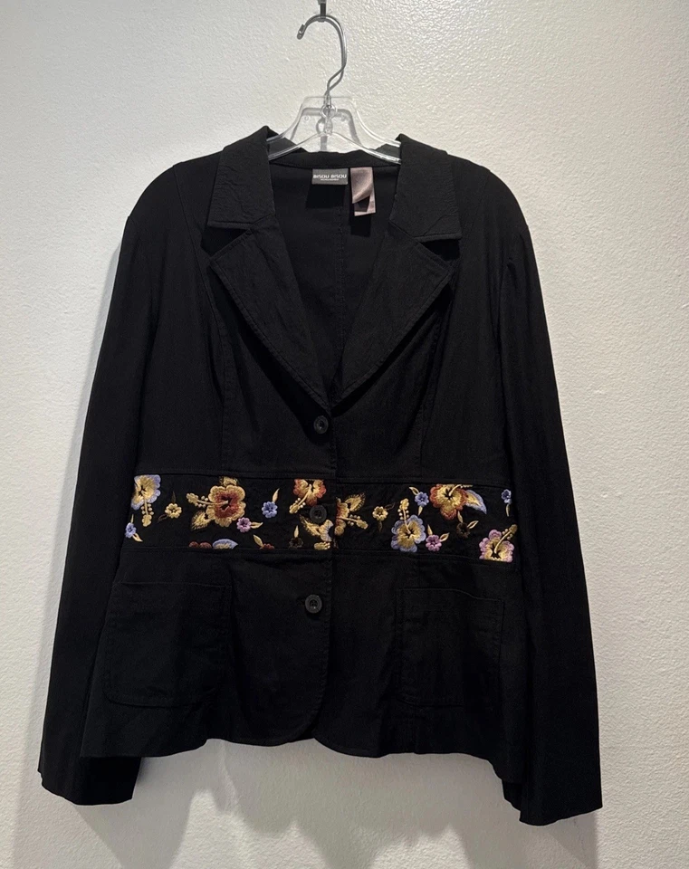 Vintage Bisou Bisou Women’s Size 16 Y2K Black Embroidered Floral Trim Blazer - Image 1 of 4