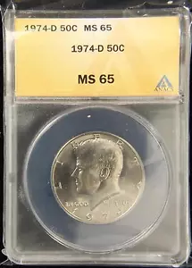 1974-D KENNEDY HALF DOLLAR GEM UNC ANACS MS65 US COIN (255) - Picture 1 of 2