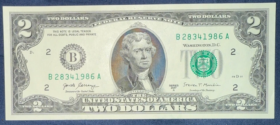 Lucky Two Dollar Bill - Birth Year 1986 Serial Number - 2017 Dated Note - $2 USD - Image 1 of 1