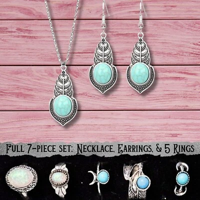 Boho Turquoise Jewelry Set 7Pc Necklace Earrings Ring Western Bohemian Statement - Image 1 of 4
