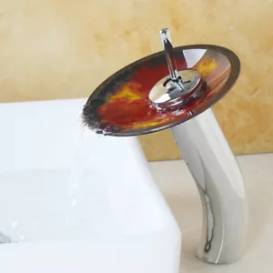 Bad Waschtischarmatur Rund Hartglas Wasserfall Auslauf Mischbatterie Einloch Wasserhahn - Bild 1 von 8