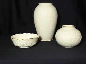 Lenox 3 pc~IRIS Embossed Vase~ROSE BLOSSOM & RIBBON BOWL~POSY POT VASE - Picture 1 of 8