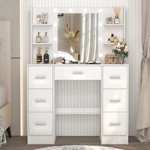 Vanity Makeup Desk with LED Mirror Makeup Vanity Dressing Table Set 7 Drawers - Picture 1 of 8