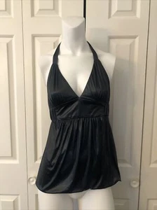 Poleci XS Halter Top Black Liquid Look Empire Style Bubble Hem NWT - Picture 1 of 7
