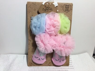 BABY ESSENTIALS HEAD BAND AND SOCKS New with tag Pink-Blue-Green w/bunny socks - Image 1 of 4