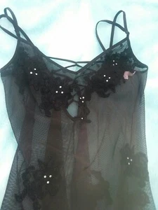Vintage Victoria Secret Lingerie Chemise mini Slip Lace Sheer Black M EUC cute - Picture 1 of 9