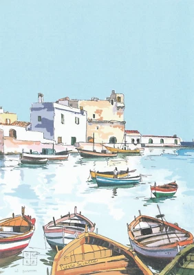 Presso Sciacca, Serigrafia di Aldo Riso, cm.30x21 firmata dall'artista - Immagine 1 di 4