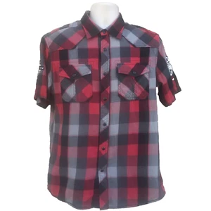 Camisa Ecko Western a Presión Para Hombres M Roja Negra Gris Cuadros Manga SS Parches - Imagen 1 de 7