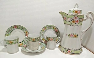 Hand Painted Antique Chocolate Pot With 3 Cups & Saucers -Japan - Picture 1 of 12