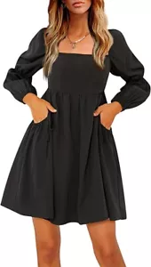 Womens Long Sleeve Ruffle Dress Square Neck Swing Short Mini Dresses - Picture 1 of 3