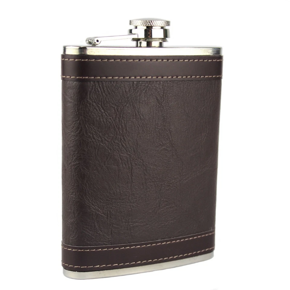 Brand New 8oz Brown Hip Flask Leather Effect Stainless Steel  - Image 1 of 1