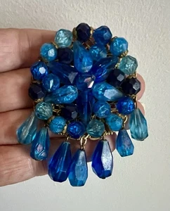 Vintage Blue Faceted Lucite Beads Dangles  Brass Filigree  Brooch Pendant - Picture 1 of 5