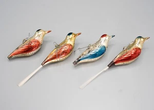 4 Vintage glänzender Brite Kunststoff Quecksilber Glasoptik Vogel Weihnachtsschmuck gesponnener Schwanz - Bild 1 von 24