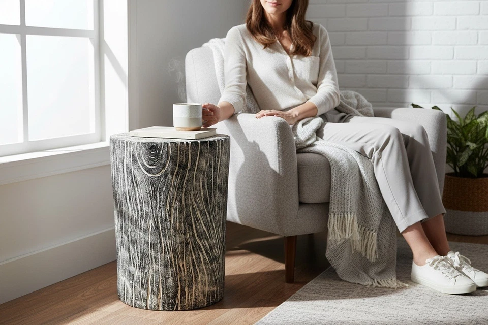 Uttermost 风格树桩凳口音边桌带白色木纹饰面 — 第 1/4 张图片