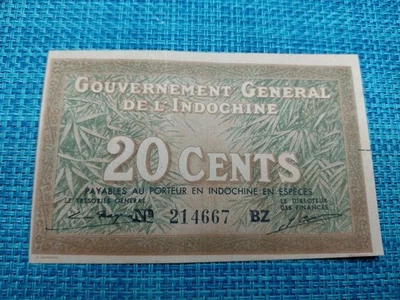 🌏 French Indochina  20 Cents P-86  XF/AU crisp 1939 Banknotes 110525-13 - Image 1 of 3