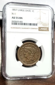 1857 Lg Date Braided Hair Lg. Cent - N-1 Variety - AU55BN - NGC - Picture 1 of 4