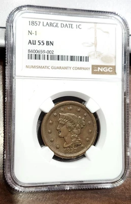 1857 Lg Date Braided Hair Lg. Cent - N-1 Variety - AU55BN - NGC - Image 1 of 4