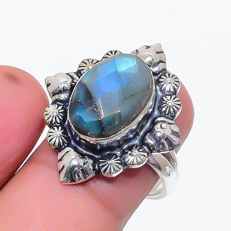 Natural Labradorite Gemstone 925 Sterling Silver All Size Ring For Gift - Image 1 of 1