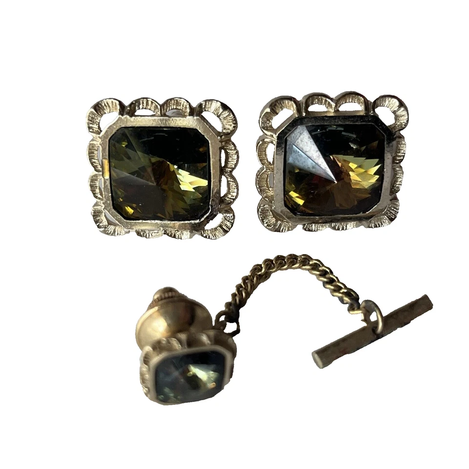 Dante Cufflink Tie Pin Set Faceted Amber Glass Gold Filigree Square - Image 1 of 4