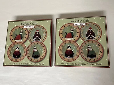 2 juegos de 4 platos de postre ensalada de Navidad de gres Fiddlestix Cozy Cats Oneida Foto 1 de 4