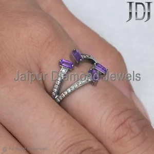 Anillo De Piedra Natural Con Diamante Y Amatista En Plata De Ley 925 - Imagen 1 de 10