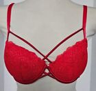 Victoria's Secret PINK Date Push Up Bra 34 D Red Lace Strappy Padded Underwire